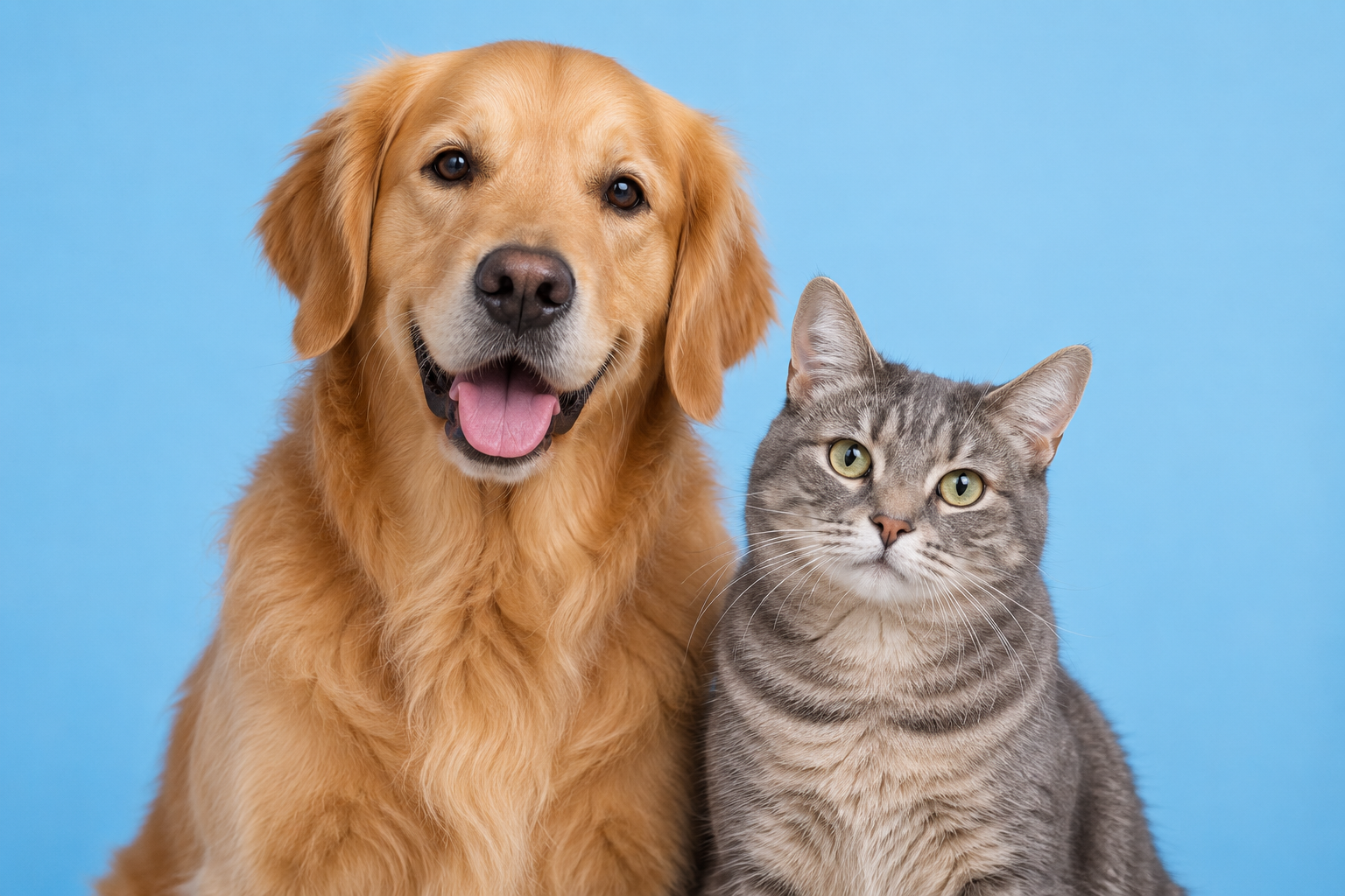 Golden retriever e gato tigrado juntos em um fundo azul